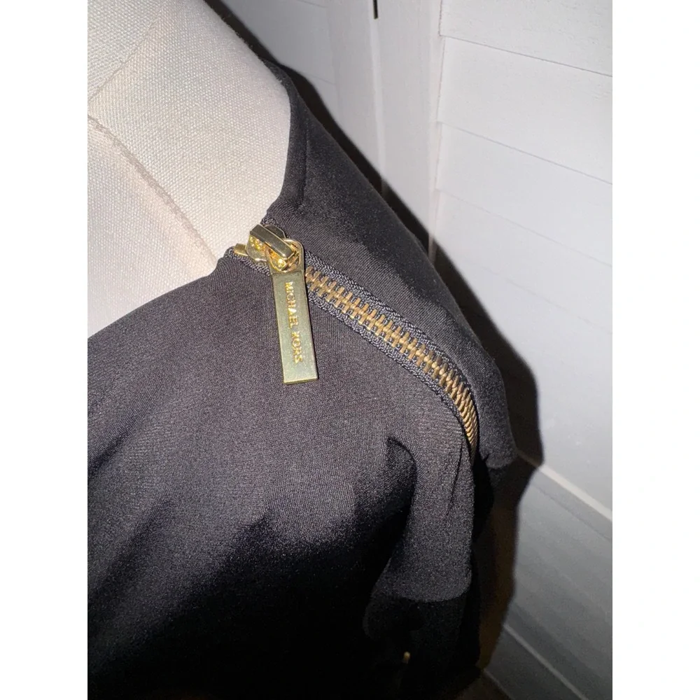 MICHAEL KORS Black Cowl Neck 3/4 Sleeve Sheath Dress Gold Zipper Detail XS